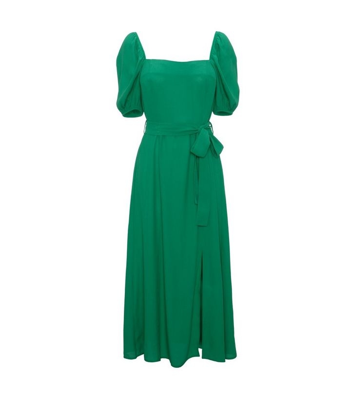 green-square-neck-belted-midi-dress - Club Forty
